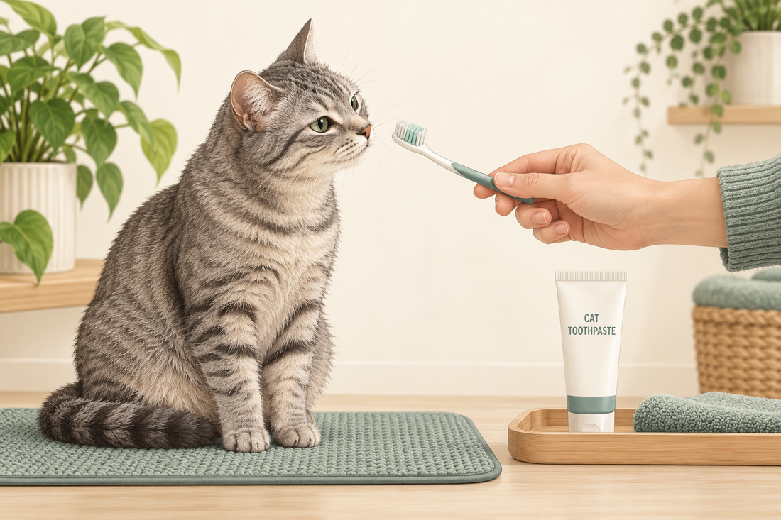 Illustration of a relaxed tabby cat investigating a toothbrush beside cat toothpaste.