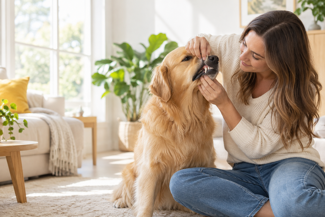 Dog owner gently checking a golden retriever's teeth at home