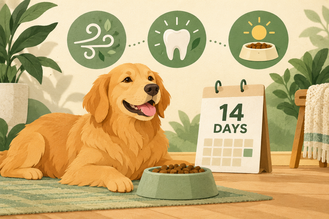 Conceptual illustration of a dog, a 14-day calendar, and separate breath, tooth, and routine icons.