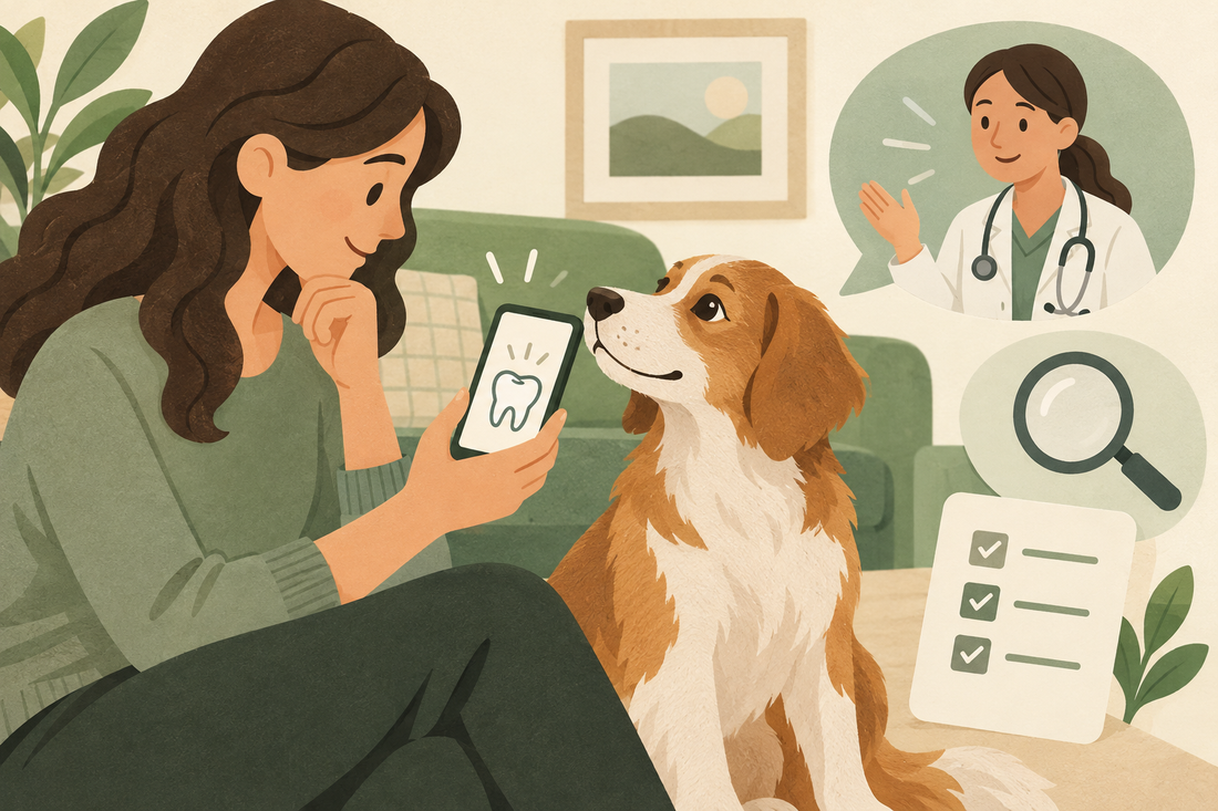 Conceptual illustration of a dog owner using a phone and seeking veterinary guidance about a tooth observation.