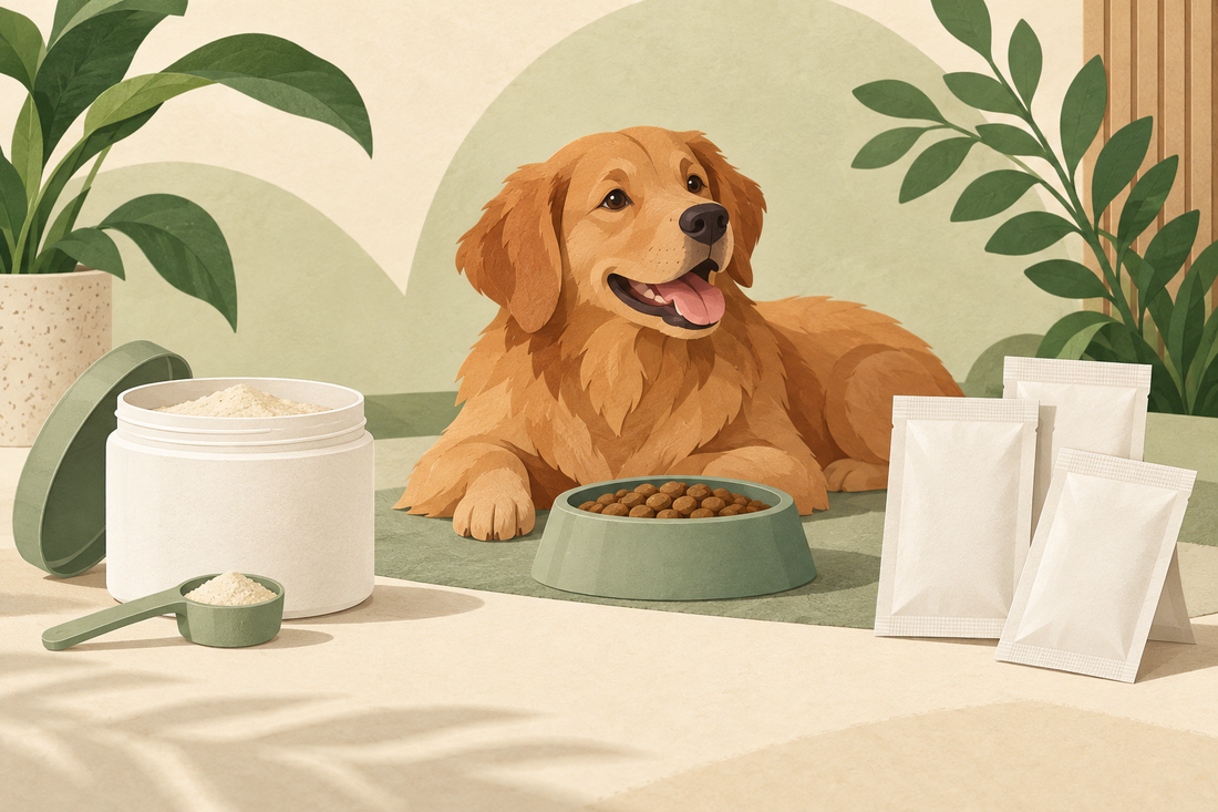 Conceptual illustration comparing an unbranded powder jar and scoop with plain single-serve sachets beside a dog and food bowl.