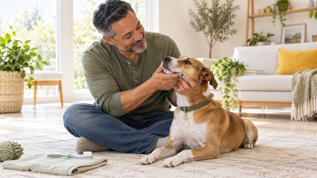 Illustration of a dog owner gently touching a dog's face, with a toothbrush nearby.