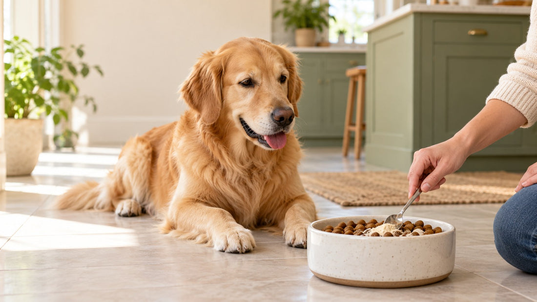AI-generated illustration of a golden retriever waiting while a person mixes powder into dog food.