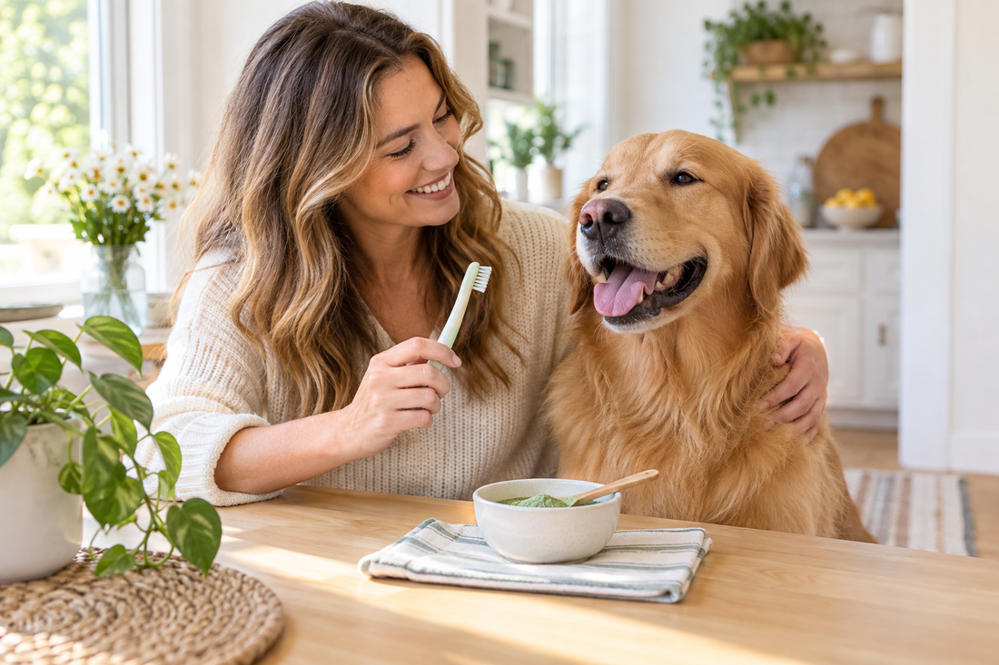 Dog owner comparing a toothbrush and dental powder as part of a daily care routine
