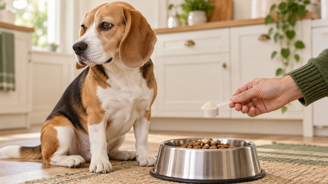 AI-generated editorial illustration of a beagle beside a food bowl; not a serving-size demonstration.
