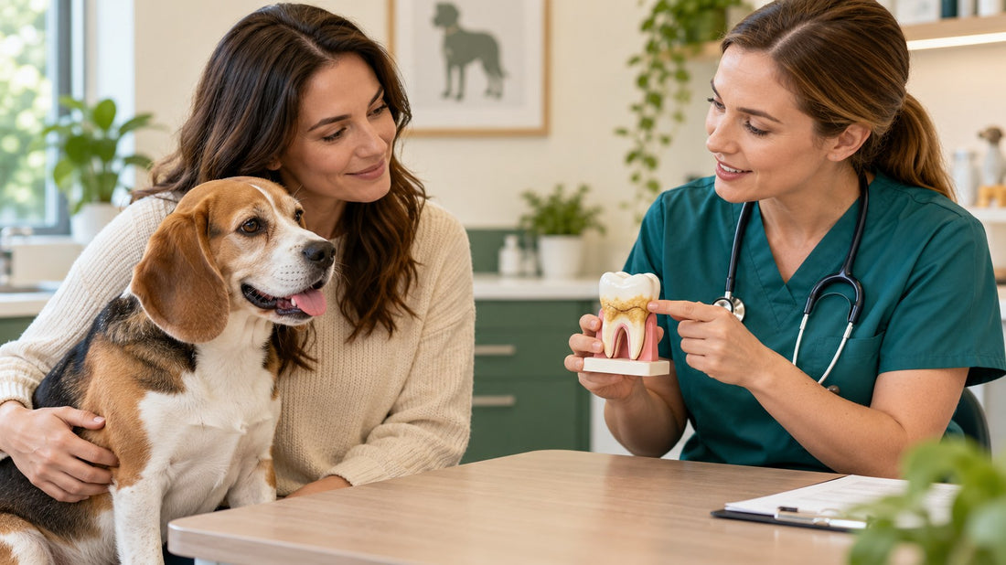 AI-generated illustration of a dog and owner discussing a tooth model with a veterinarian.