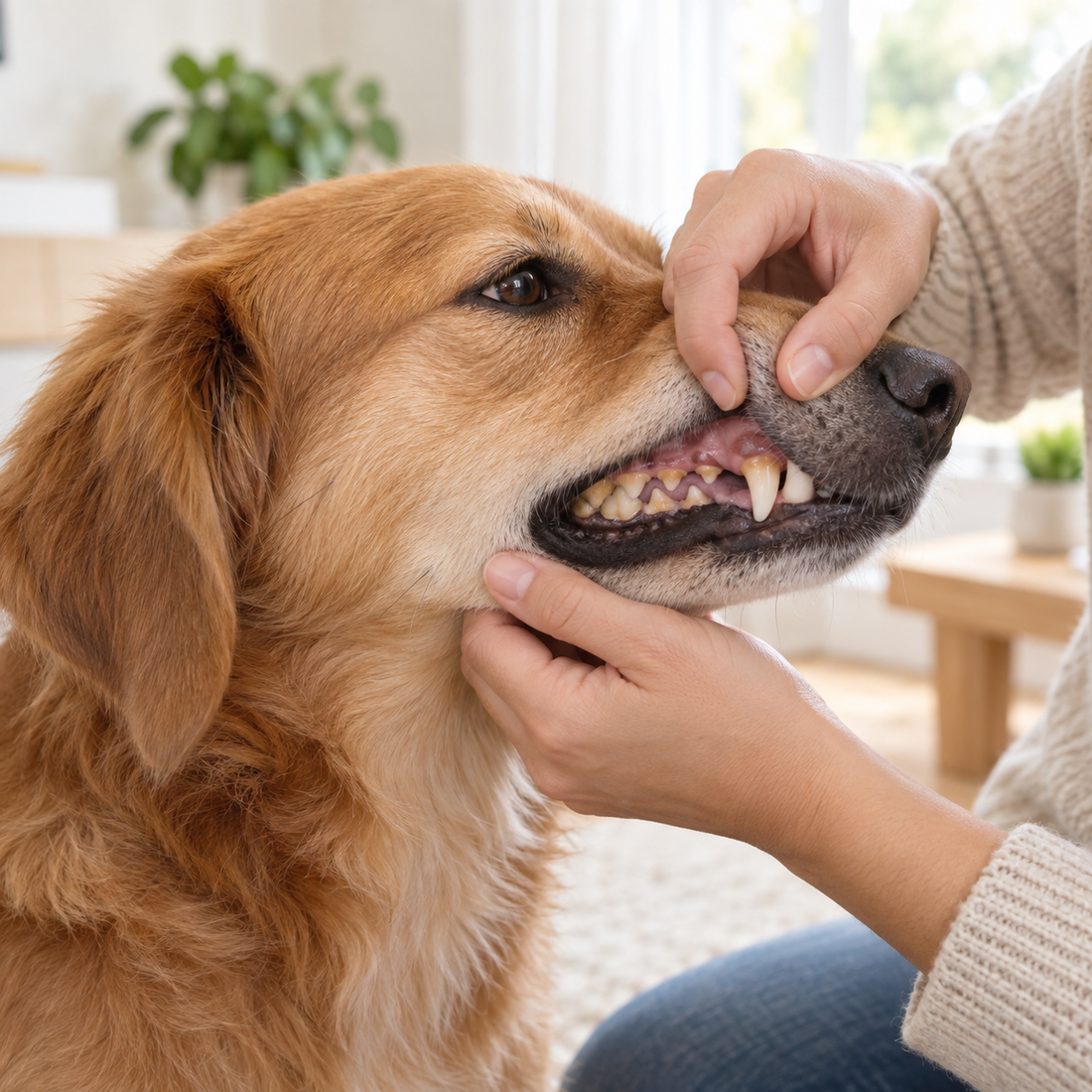 Dog owner gently checking a dog's teeth to understand plaque and tartar