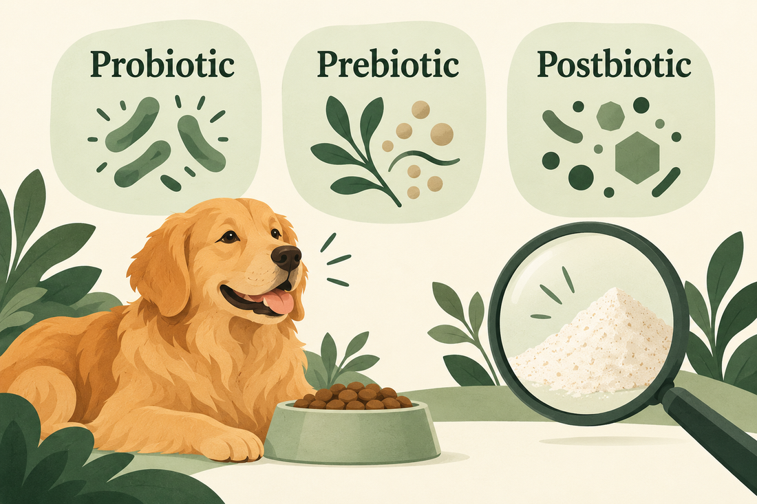 Conceptual illustration comparing probiotic, prebiotic, and postbiotic ingredients for dog dental powder.