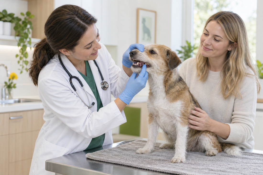 Veterinarian calmly examining a dog's mouth with its owner present