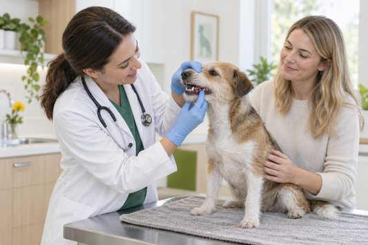 Veterinarian calmly examining a dog's mouth with its owner present