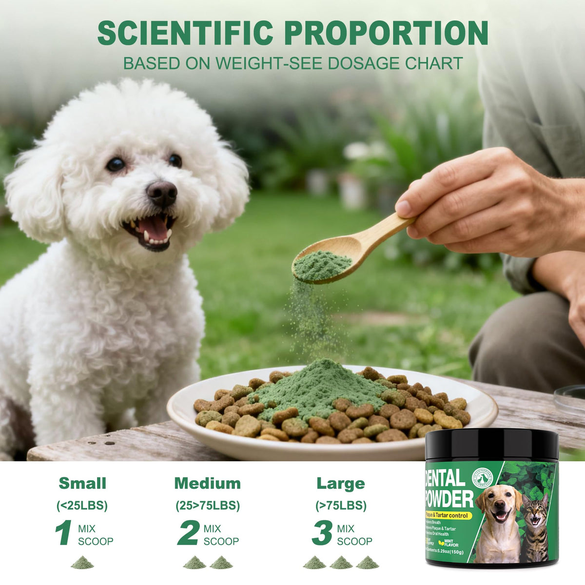 Kiuquty dental powder serving guide by pet weight