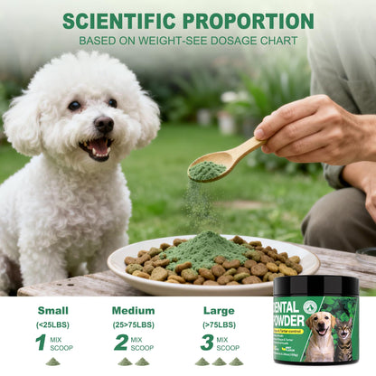 Kiuquty dental powder serving guide by pet weight